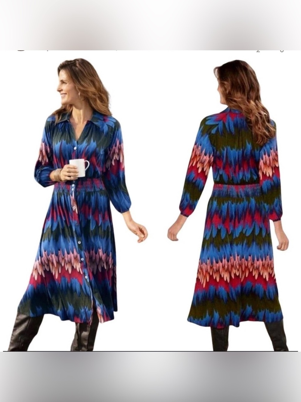 Soft Surroundings Blue, Red & Pink Printed Long-Sleeve Midi Shirt Dress